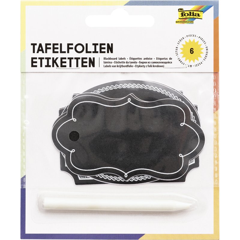 folia tafelstickers met krijtpen, zelfklevend, zwart, 6 stuks + 1 stift