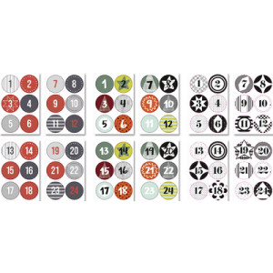 folia kerstkalender stickervellen, cijfers 1-24, gesorteerd, 12 vel