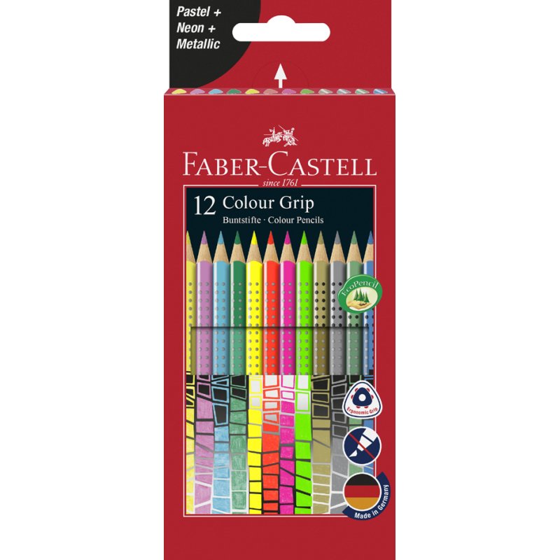 Faber-Castell triangular Colour GRIP colouring pencils, 12 pieces, pastel/neon/metallic