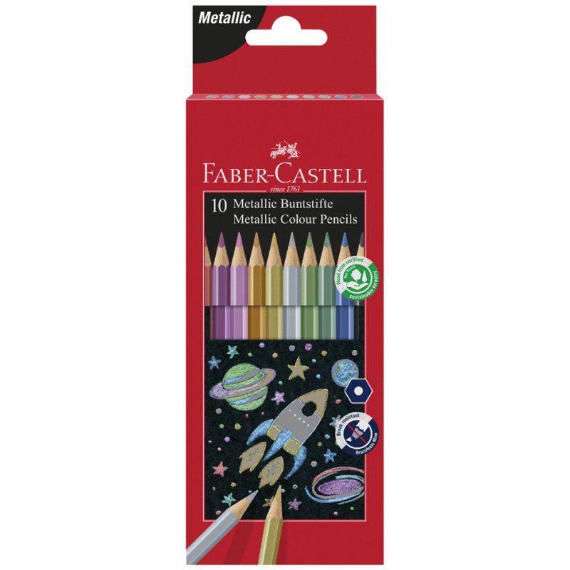 Faber-Castell metallic colouring pencils, hexagonal, break-resistant core, 10 pieces