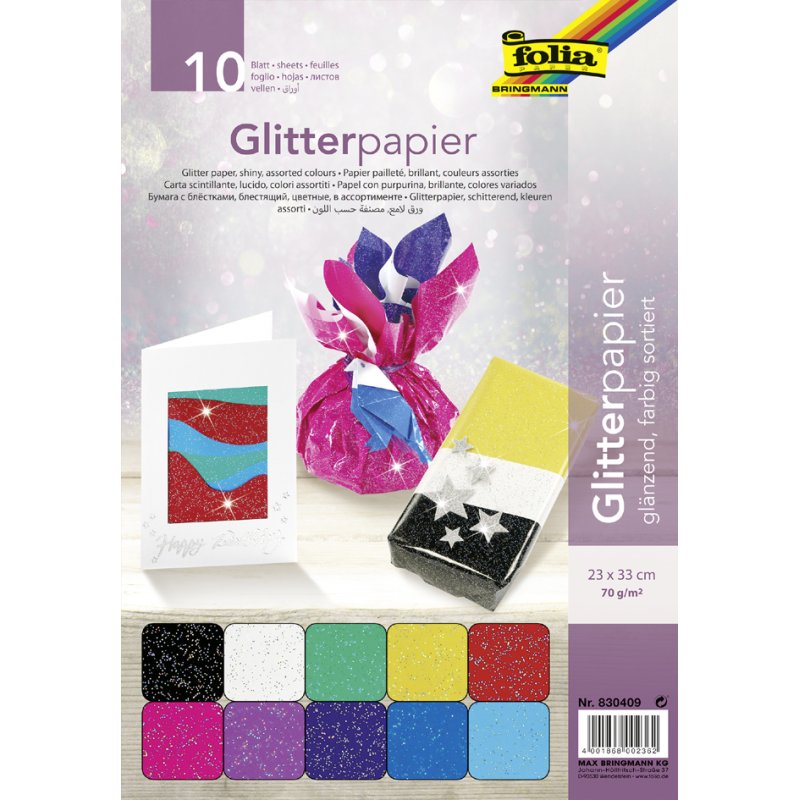 folia glitterpapier 70g/m², gekleurd sortiment, 230×330 mm, 10 vel
