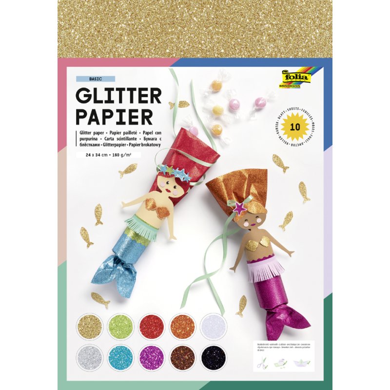folia glitterpapier 70g/m², gekleurd sortiment, 230×330 mm, 10 vel