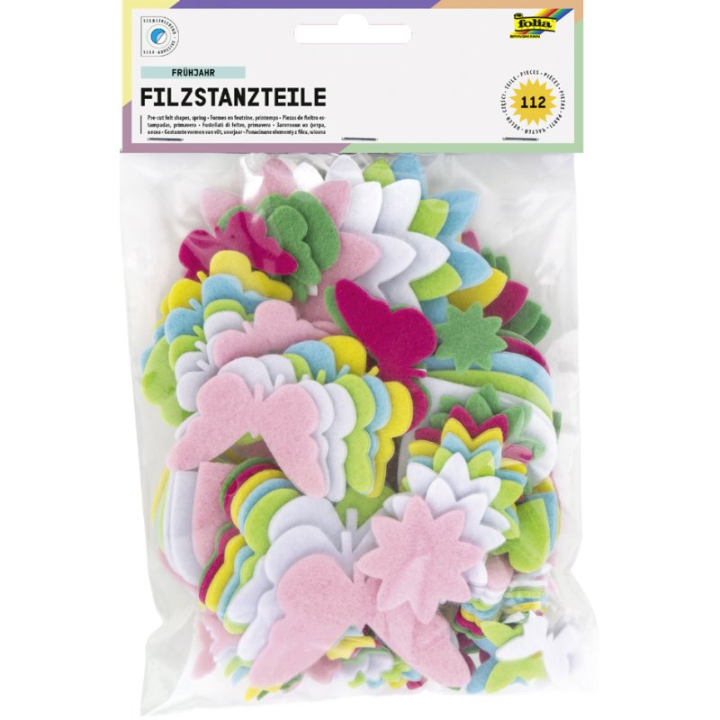 folia vilt figuren lente thema, zelfklevend, 112 stuks, 5 kleuren
