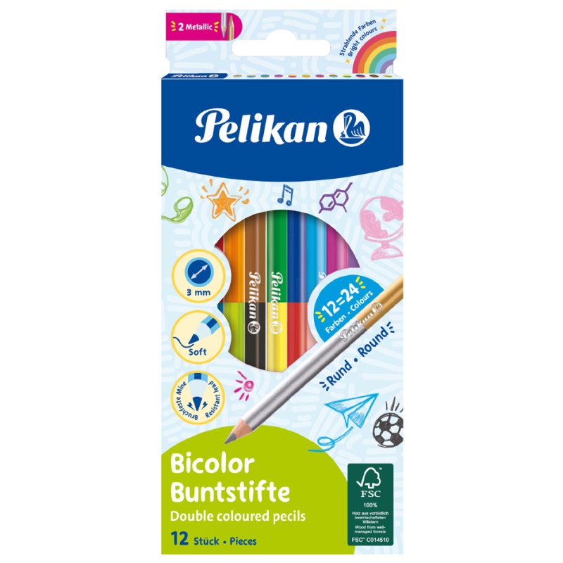 Pelikan double-ended colouring pencils, round, 12 pieces, case