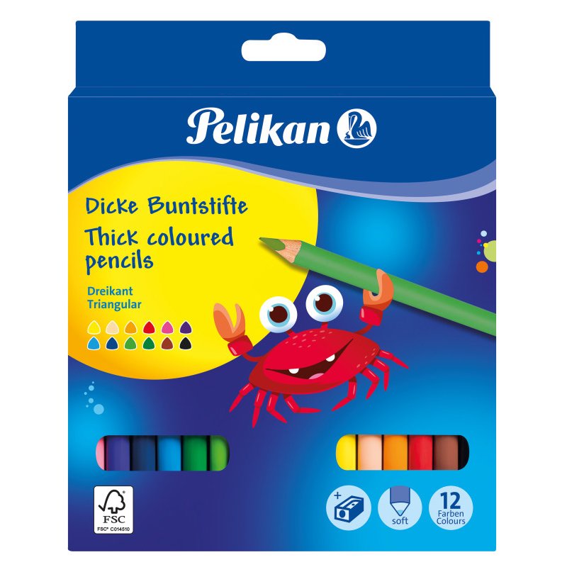 Pelikan Jumbo triangular colouring pencils, 12 pieces + pencil sharpener, 5.0 mm