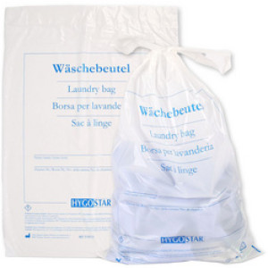 HYGOSTAR waszakje klassiek, PE-folie, wit met blauwe opdruk, 540 × 380 mm