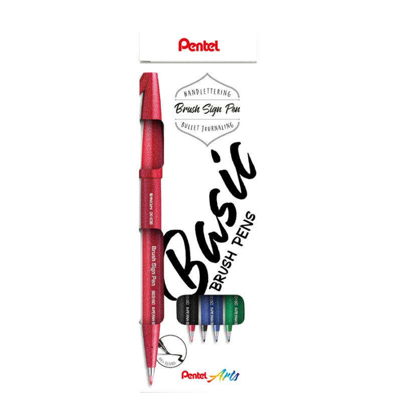 Pentel PentelArts brush pen set, pointe pinceau flexible, couleurs basiques, 4 pièces