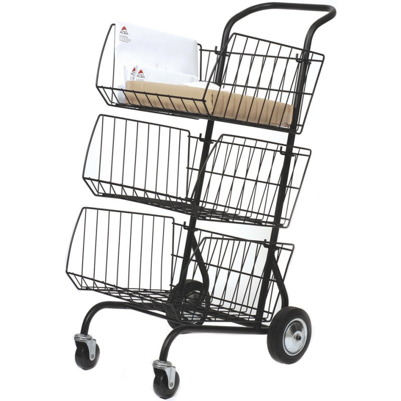 ALBA stalen brievenbestelwagen, zwart, 3 afneembare manden, 620×460×950 mm