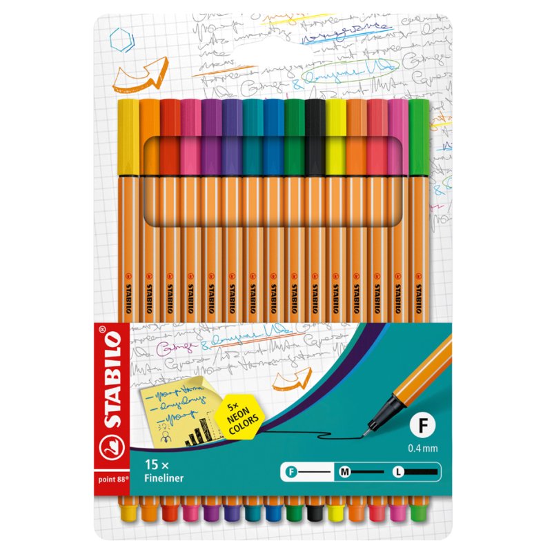 STABILO fineliner point 88 Néon, 0,4 mm, 15 pièces