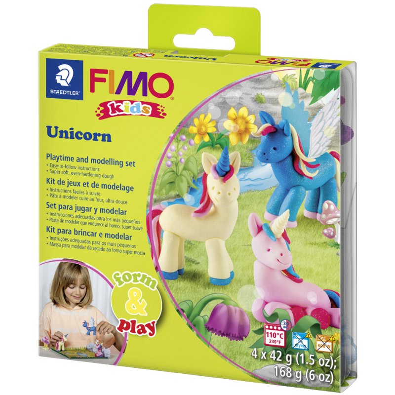 FIMO kids pâte à modeler set licornes niveau 2, durcissant à l'air, 4×42 g