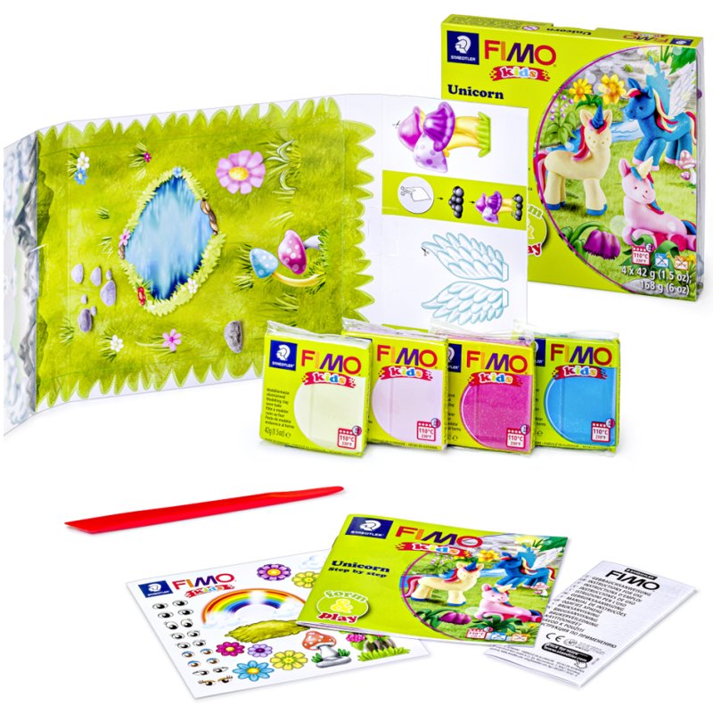 FIMO kids pâte à modeler set licornes niveau 2, durcissant à l'air, 4×42 g