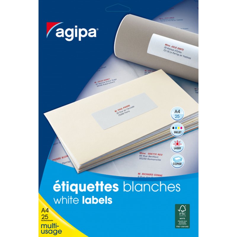 agipa étiquettes universelles, 210 × 297 mm, blanc, 25 pièces