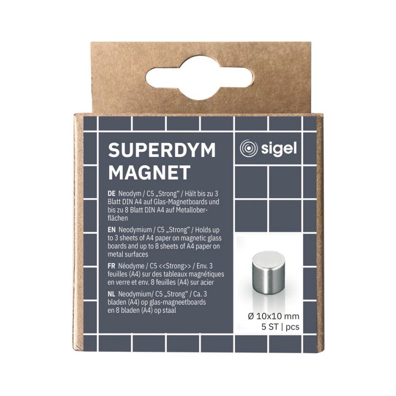 Sigel aimants de design néodyme cylindre Strong C5, nickelé, 10 mm, 5 pièces