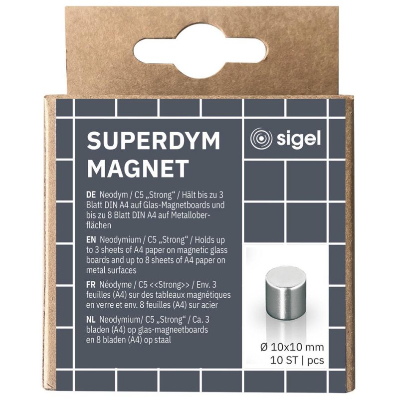 Sigel aimants de design néodyme cylindre Strong C5, nickelé, 10 mm, 5 pièces