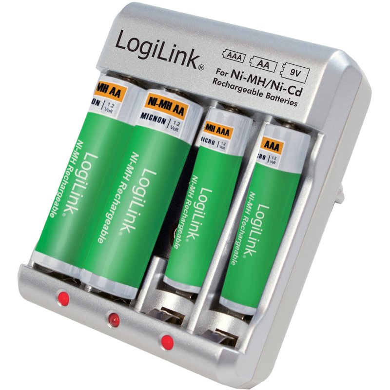 LogiLink chargeur de batterie, argent, AA/AAA/9V, 3 LEDs