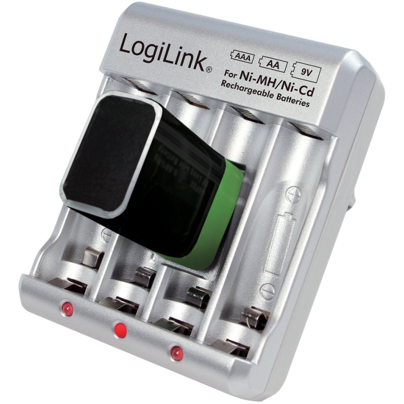 LogiLink chargeur de batterie, argent, AA/AAA/9V, 3 LEDs