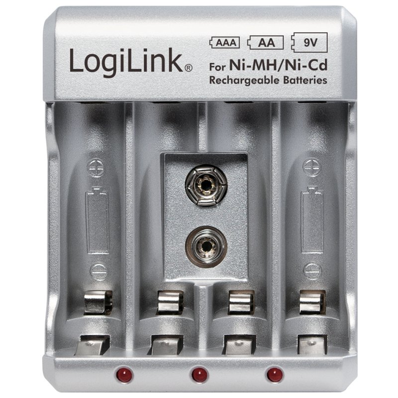 LogiLink chargeur de batterie, argent, AA/AAA/9V, 3 LEDs