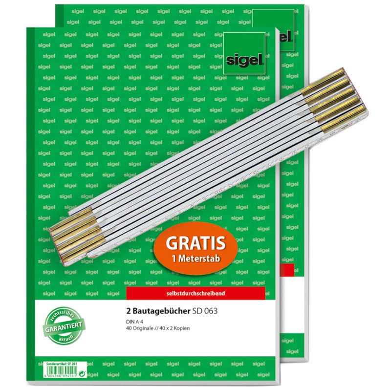 sigel formulierboek Bautagebuch SY281, zelfkopiërend, A4, 2 stuks + gratis duimstok
