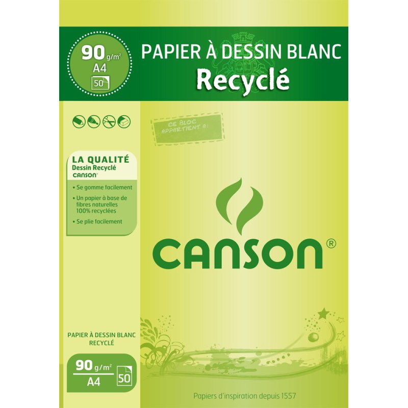 CANSON bloc à dessin papier recyclé, A4, 90 g/m², 50 feuilles