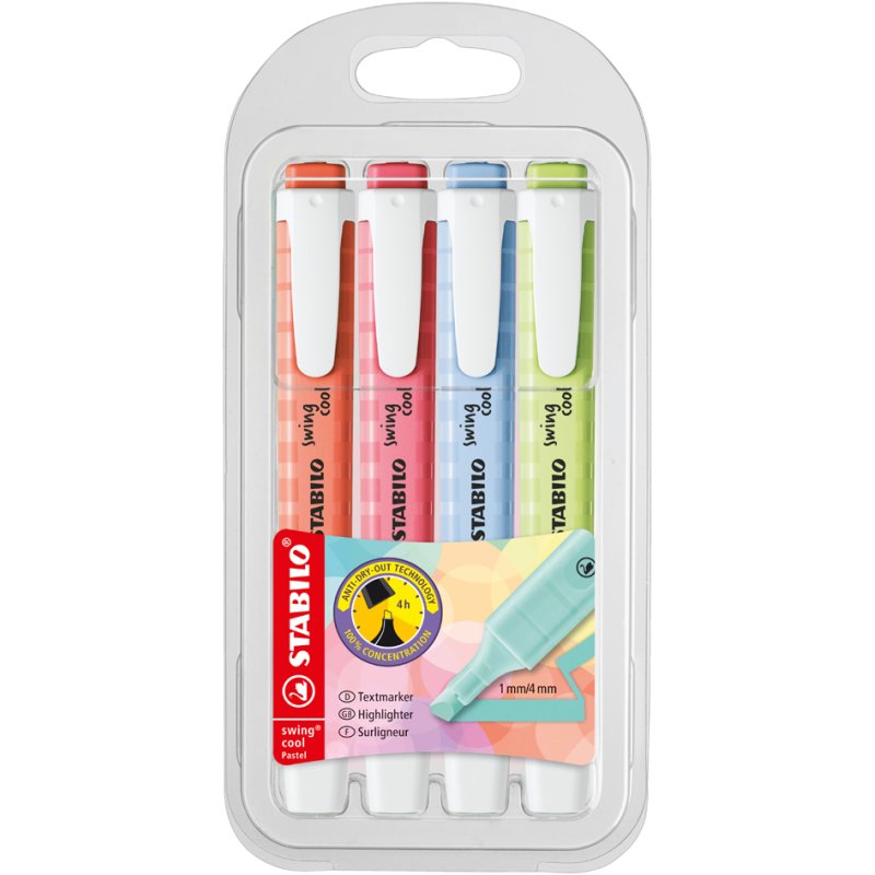 STABILO surligneurs swing cool Pastel Edition, 4 pièces, couleurs pastel