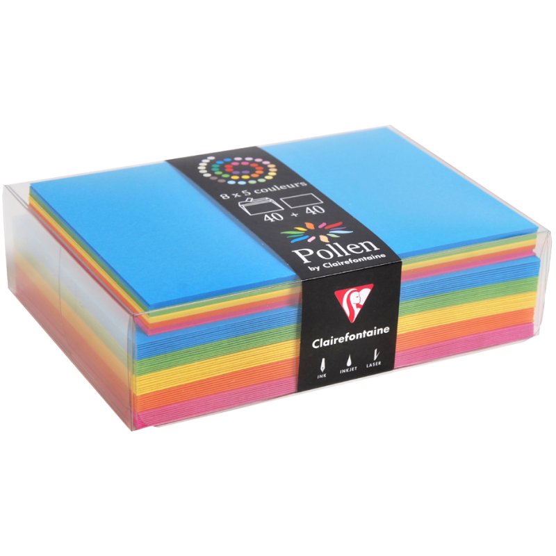 Pollen by Clairefontaine card set, summery colours, 40 cards + 40 envelopes