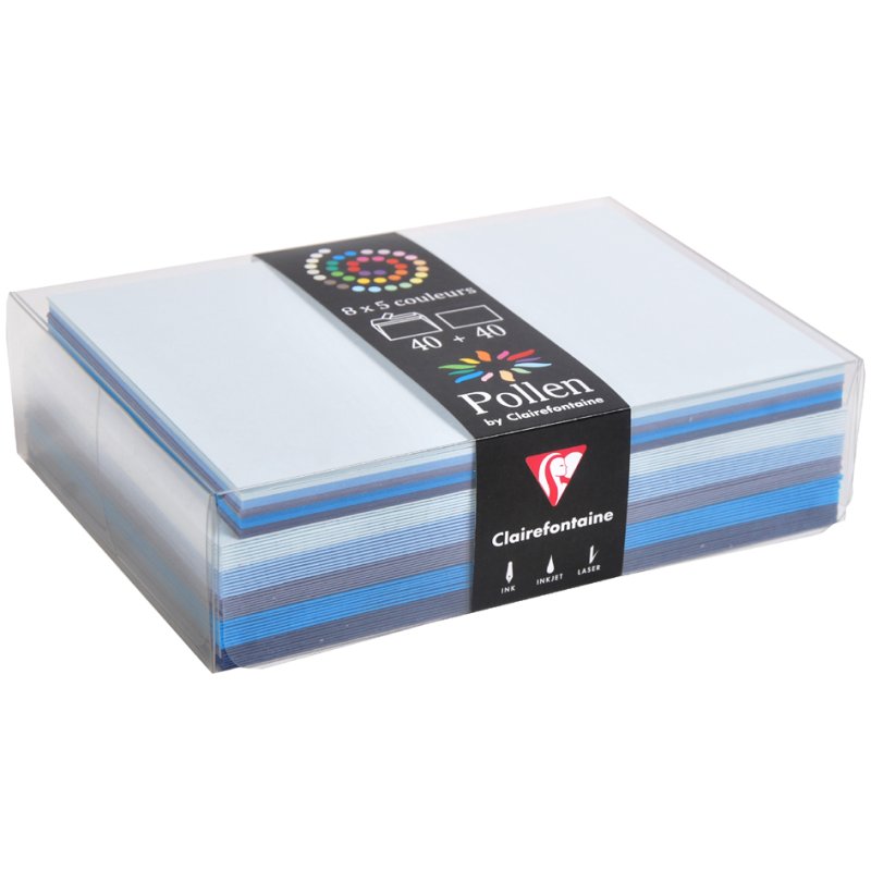 Pollen by Clairefontaine card set, blue shades, 82×128 mm, 40 cards + 40 envelopes