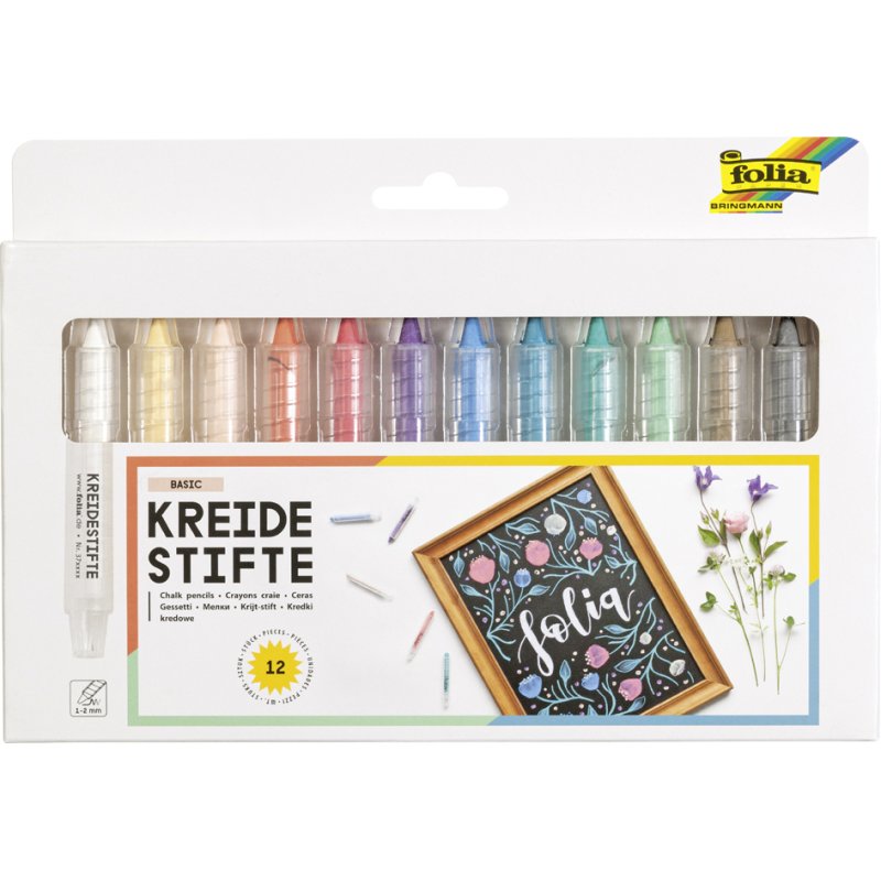 folia krijtstiften set, gekleurd gesorteerd, vochtig afwisbaar, 12 stuks
