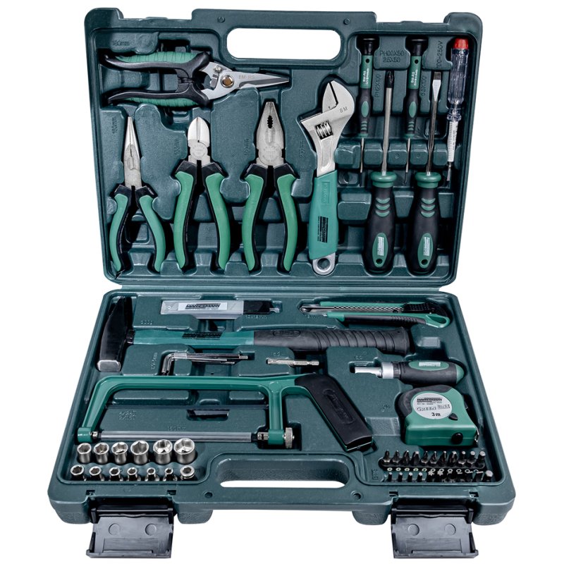BRÜDER MANNESMANN GREEN LINE tool set, black/green, 74-piece, in case