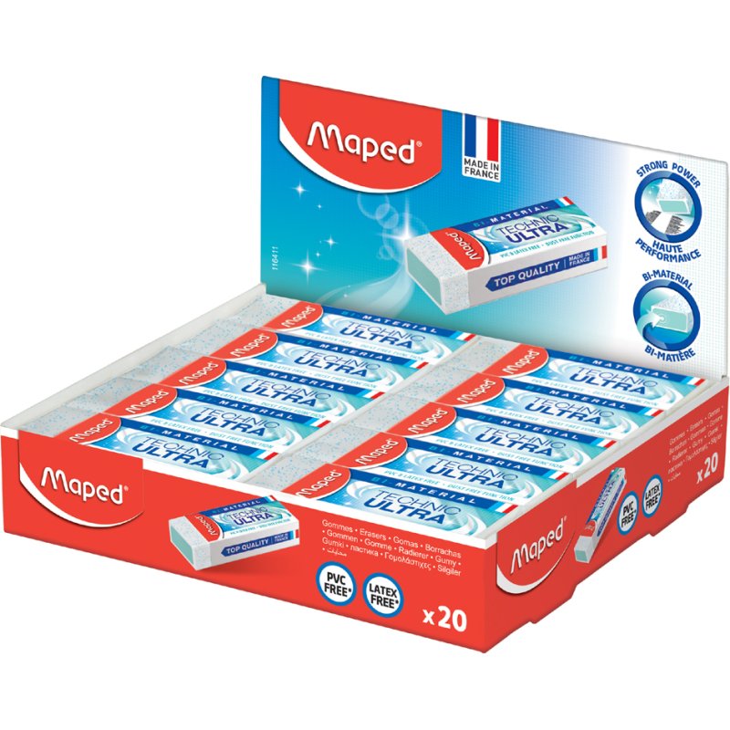Maped Technic Ultra eraser, white plastic, PVC-free, 20-piece display