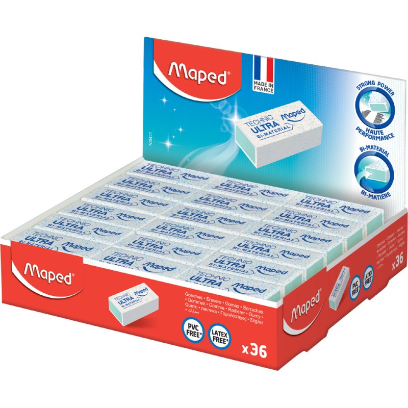 Maped gomme plastique Technic Ultra Mini, blanc, sans PVC, 36 pièces