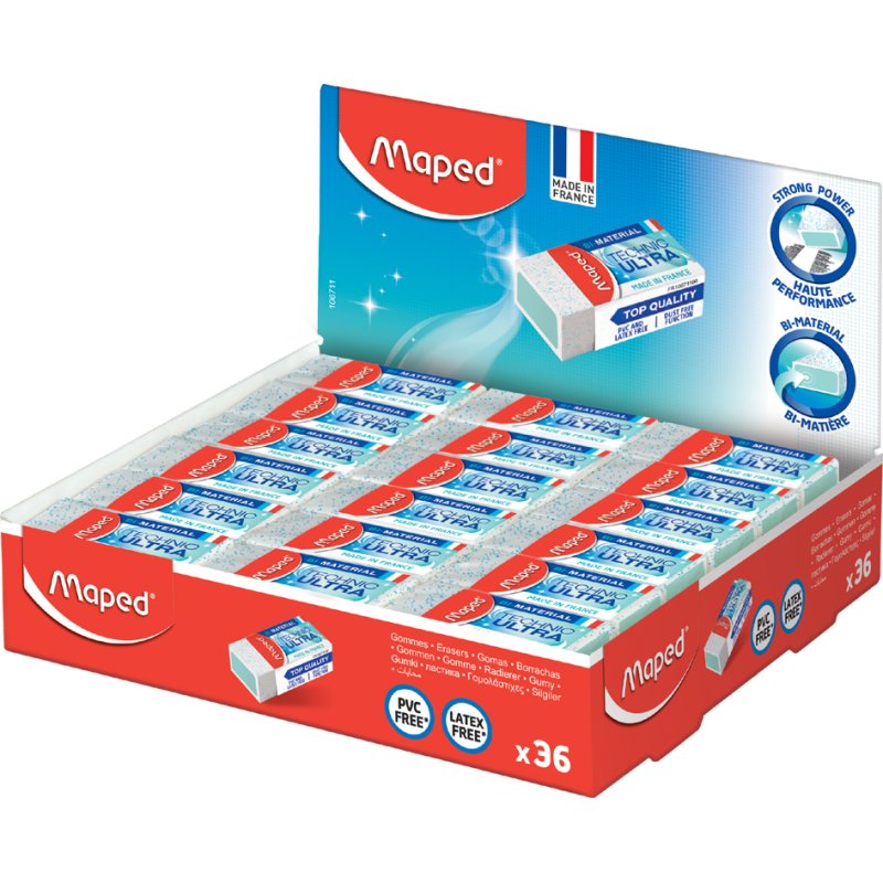 Maped gomme plastique Technic Ultra Mini, blanc, sans PVC, 36 pièces