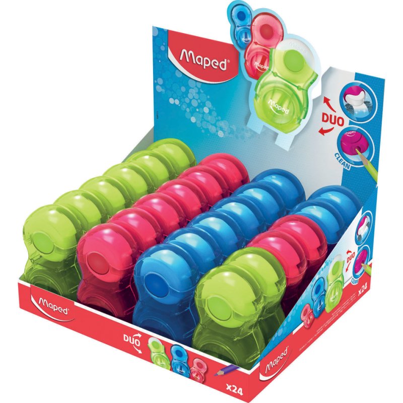 Maped Loopy Duo eraser and sharpener combination, translucent, coloured finish, 24 pieces