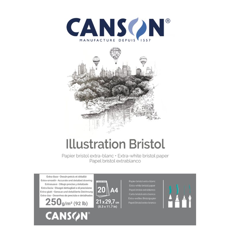 CANSON bloc de papier à dessin Illustration Bristol A4, blanc, 250 g/m², 20 feuilles