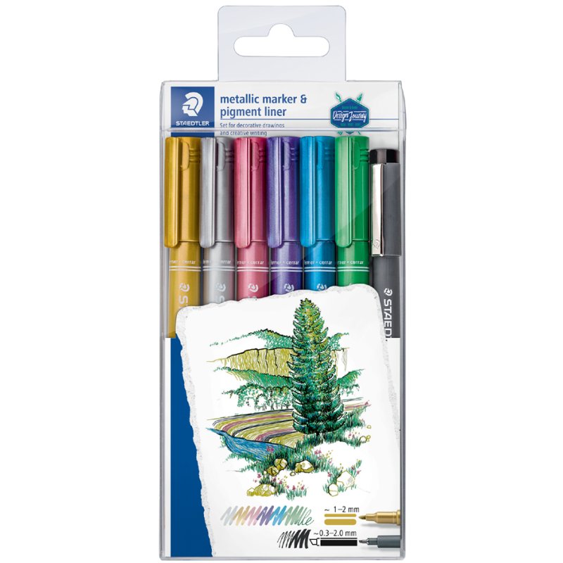STAEDTLER marqueurs permanents Metallic, 6 pièces + pigmentliner gratuit, 1-2 mm