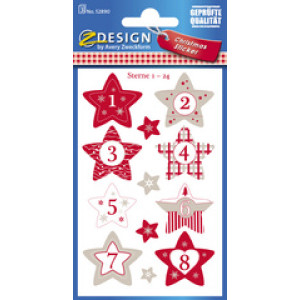 AVERY Zweckform adventskalenderstickers sterren, grijs/rood/wit, 76×120 mm, 24 stuks