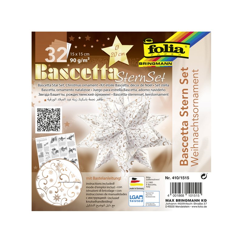 folia vouwpapier Bascetta-ster, wit-koper ornament, 150×150 mm, 32 vel