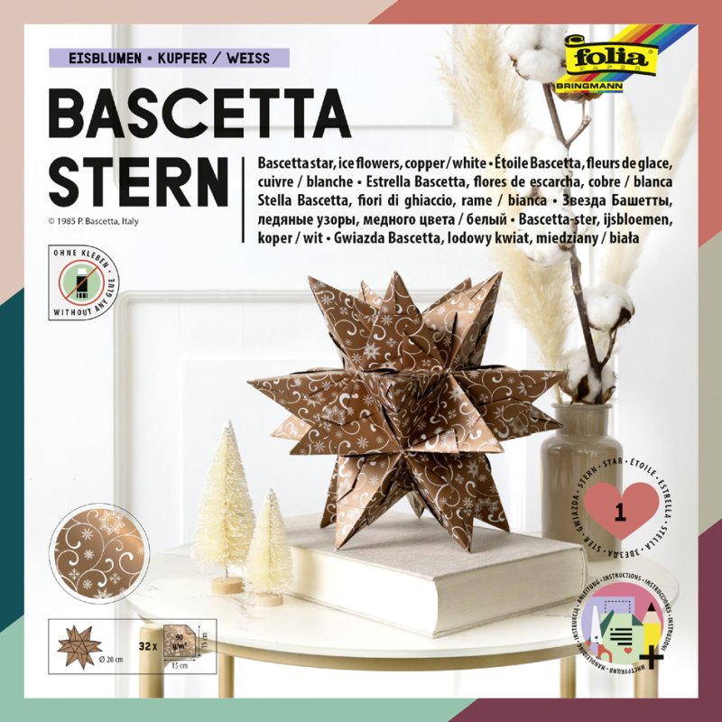folia vouwpapier Bascetta-ster, wit-koper ornament, 150×150 mm, 32 vel