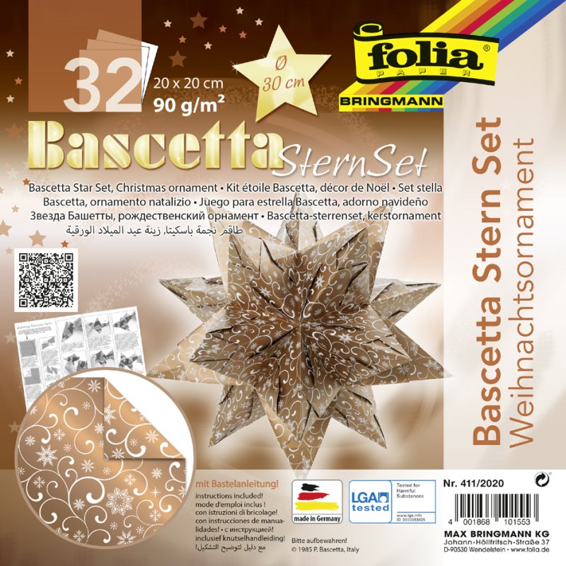 folia vouwblaadjes Bascetta-ster ornament, wit-koper, 200×200 mm, 32 stuks
