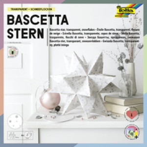 folia vouwvellen Bascetta-ster, transparantpapier wit met zilveren sneeuwvlokken, 150×150 mm, 32 vel