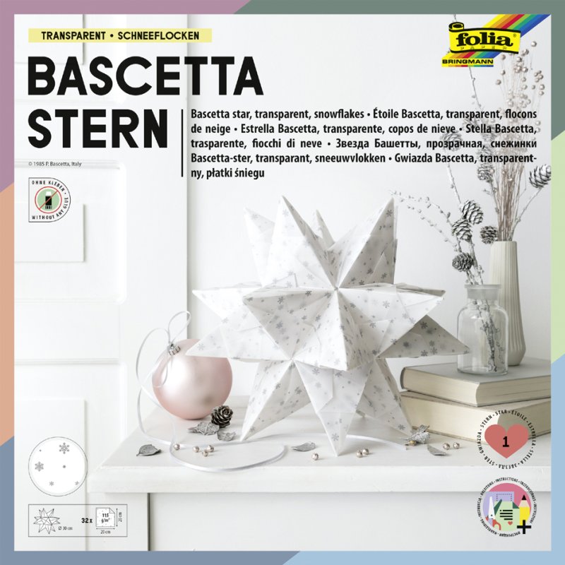 folia feuilles de pliage étoile Bascetta, papier transparent blanc avec flocons de neige argentés, 150×150 mm, 32 feuilles