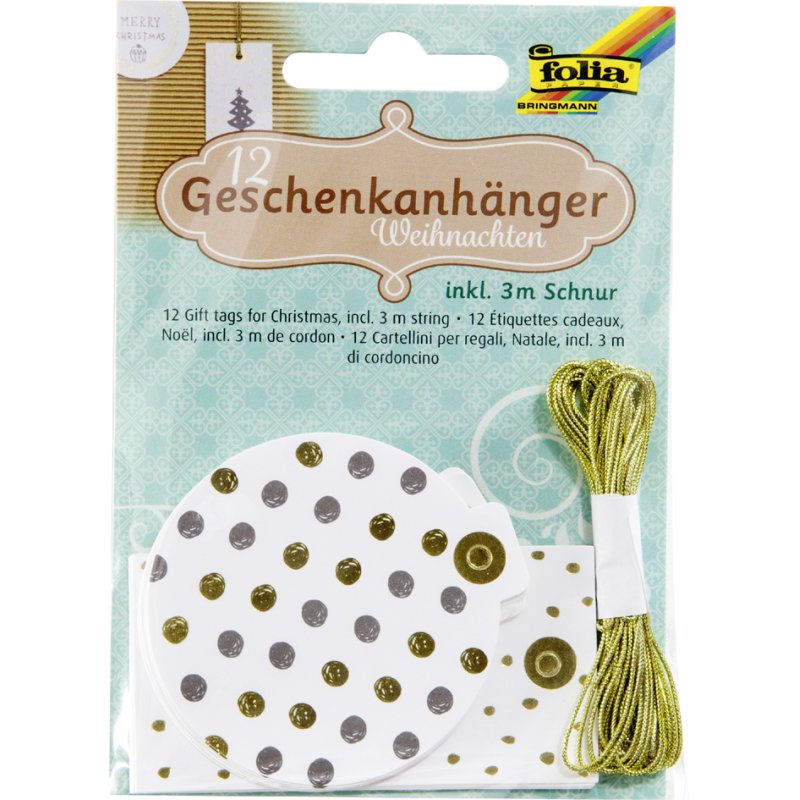 folia cadeaulabels Kerst Hotfoil, hotfolie veredelung, 12 stuks, inclusief 3 m gouden koord