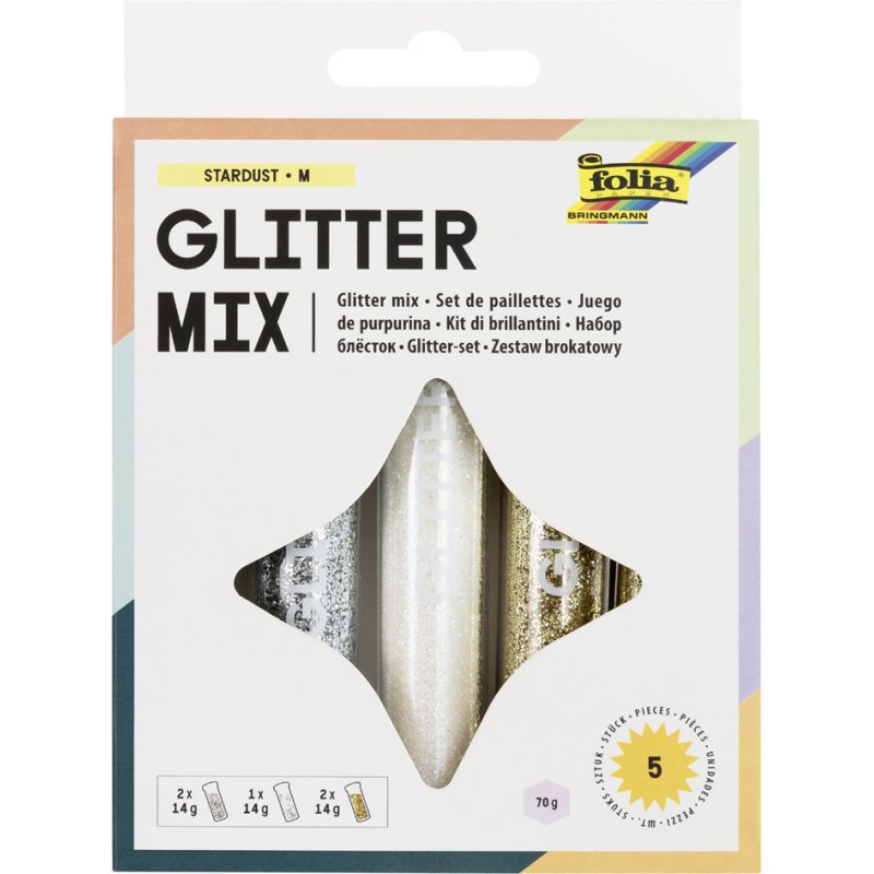 folia glitterpoeders set, iriserende hexagon 0,3 mm, goud zilver wit, 5 tubes à 14 g