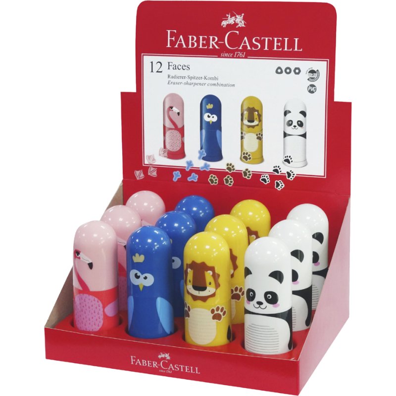 Faber-Castell eraser pencil sharpener combi Faces, 4 animal motifs, 12 pieces
