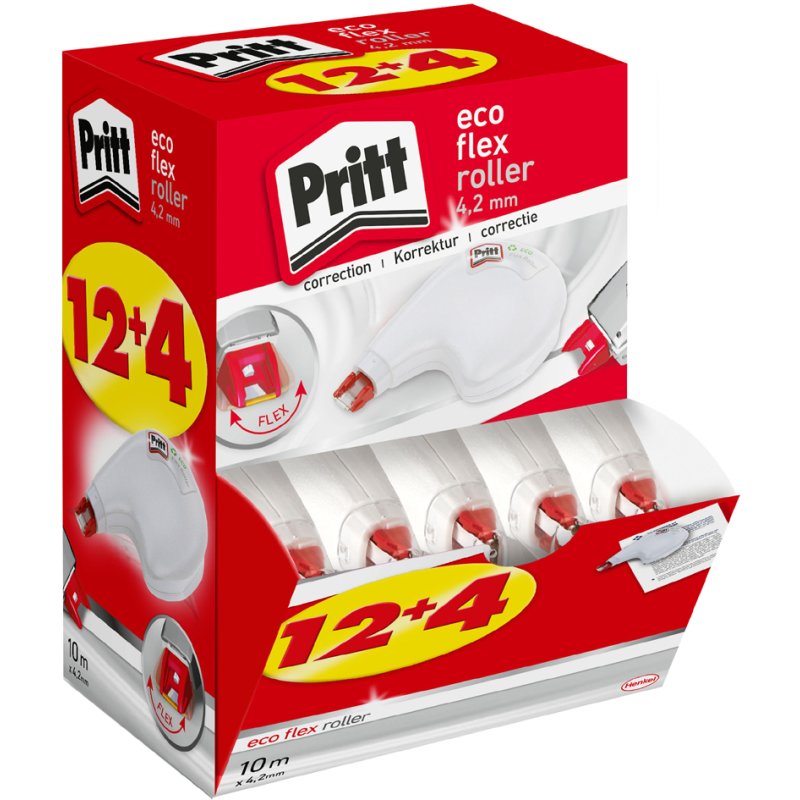 Pritt rouleau correcteur Korrekt.ECO, blanc, 4,2 mm x 10 m, plastique recyclé, 16 pièces