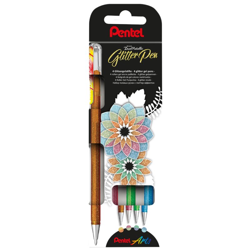 Pentel Hybrid stylos gel dual metallic, effet paillettes, 0,5 mm, 4 pièces