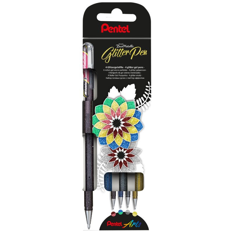 Pentel Hybrid stylos gel dual metallic, effet paillettes, 0,5 mm, 4 pièces
