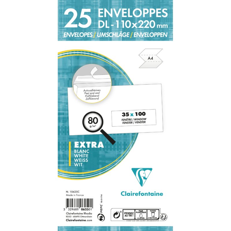 Clairefontaine enveloppes auto-adhésives, 110 x 220 mm, blanc, 25 pièces