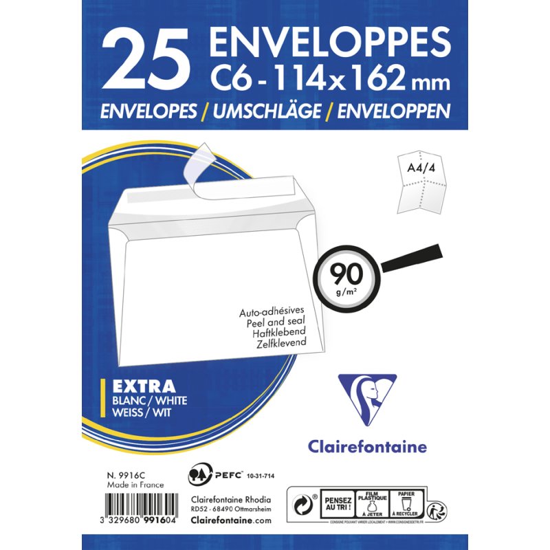 Clairefontaine enveloppes auto-adhésives, 110 x 220 mm, blanc, 25 pièces