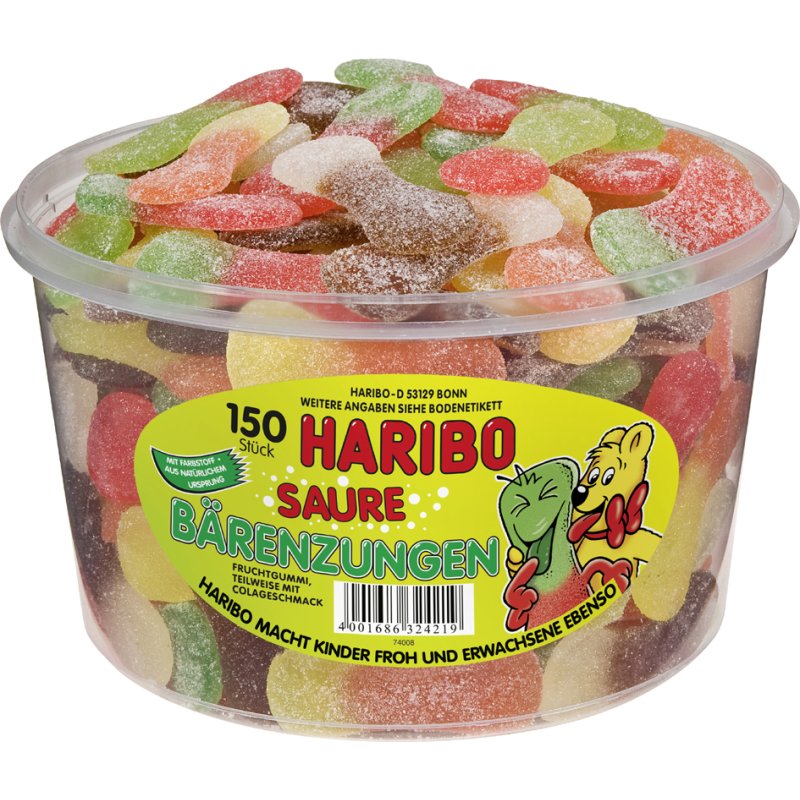HARIBO fruitgommetjes zure beren tongetjes, ronde doos, 150 stuks