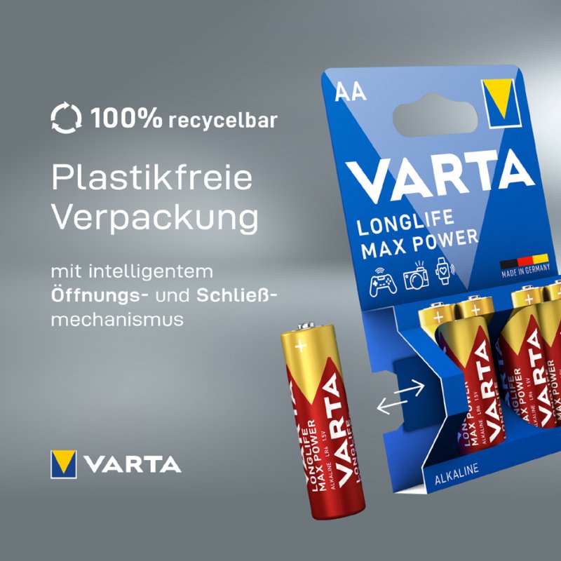 VARTA Alkaline batterijen AA Longlife Max Power, 1,5 volt, 4 stuks